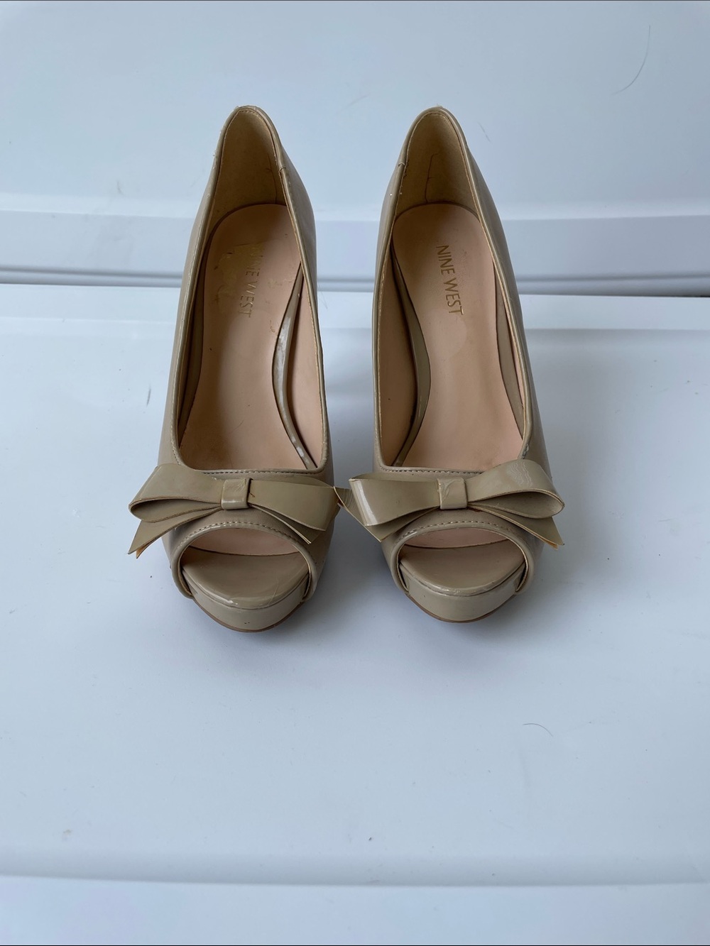 Nine West Beige Peep-Toe Pumps with Bow Accent